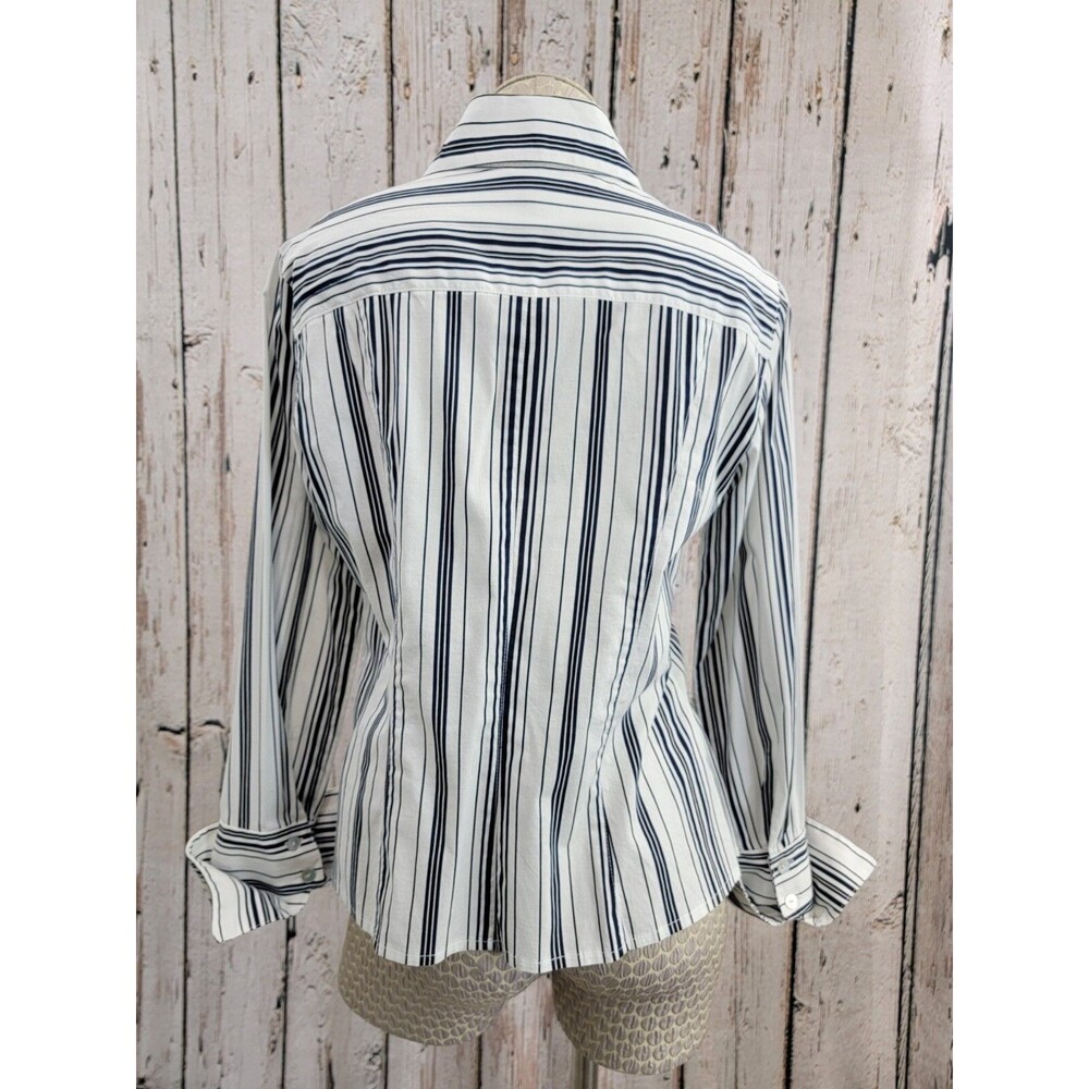 M‎ Siamo 12 Navy White Striped Ruffle Button Down Blouse Shirt Top Stretch EUC - Picture 7 of 12